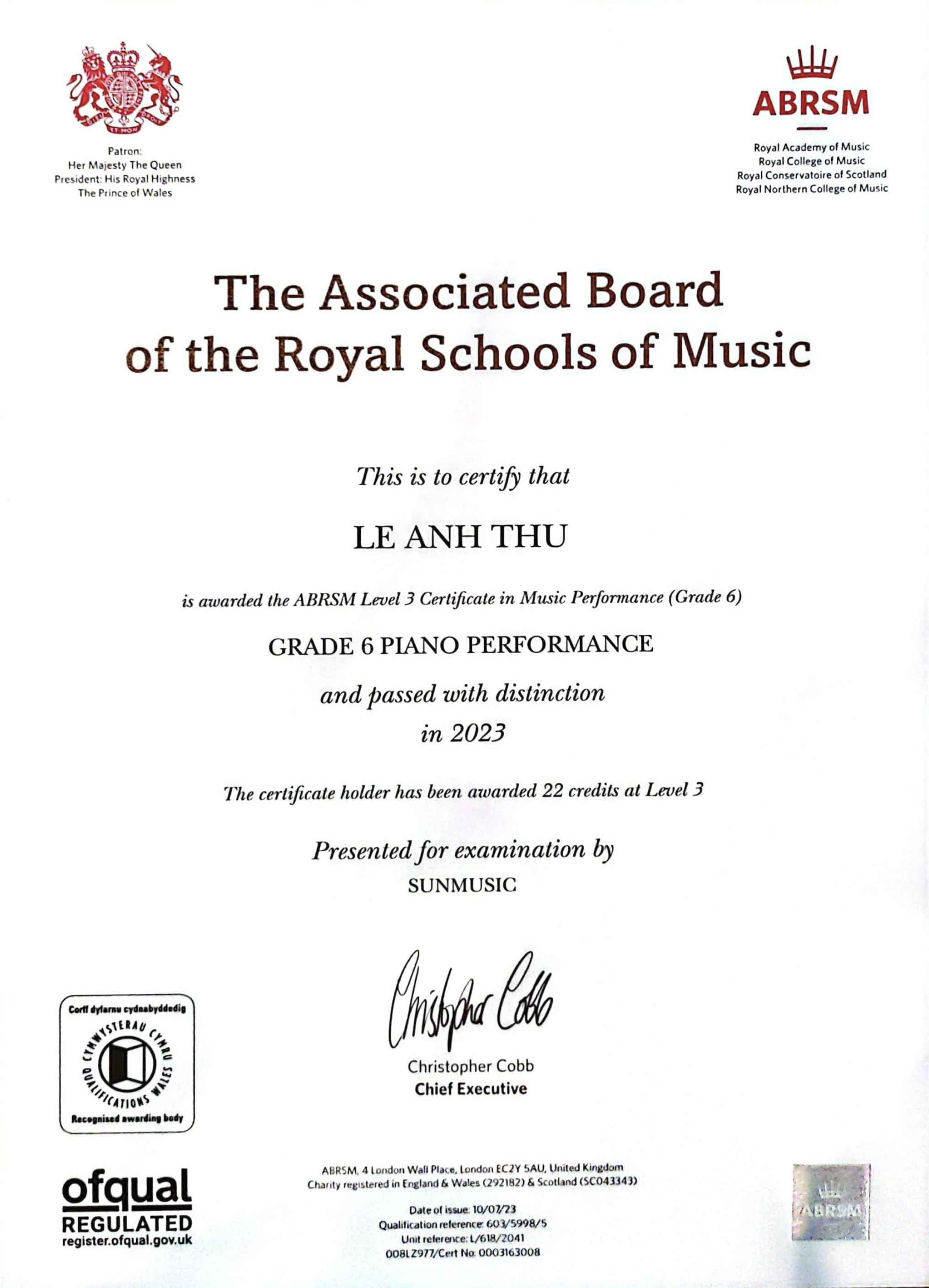 ABRSM Grade 6 certificate