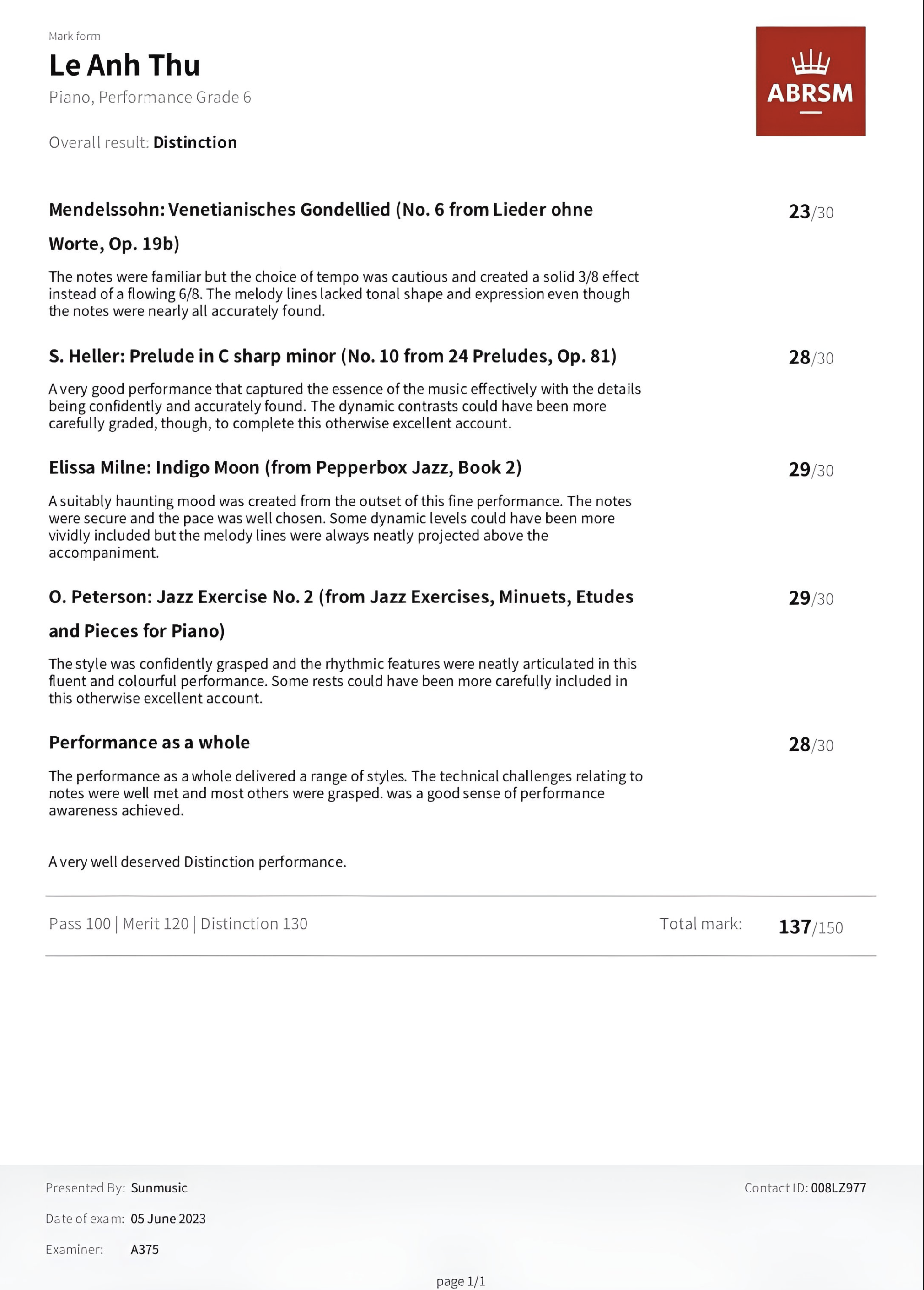 ABRSM Grade 6 mark form