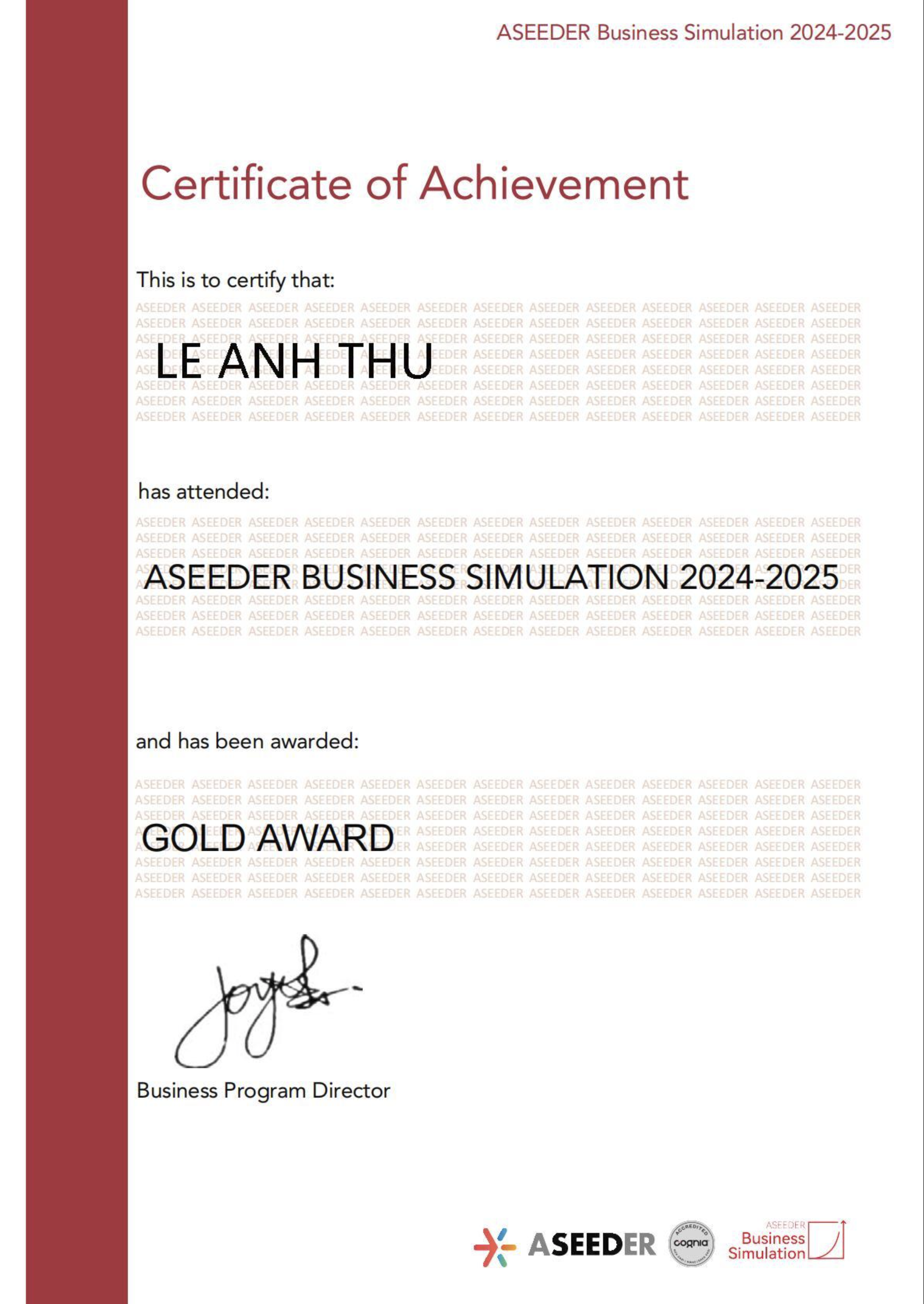 ASEEDER Business Simulation certificate 1