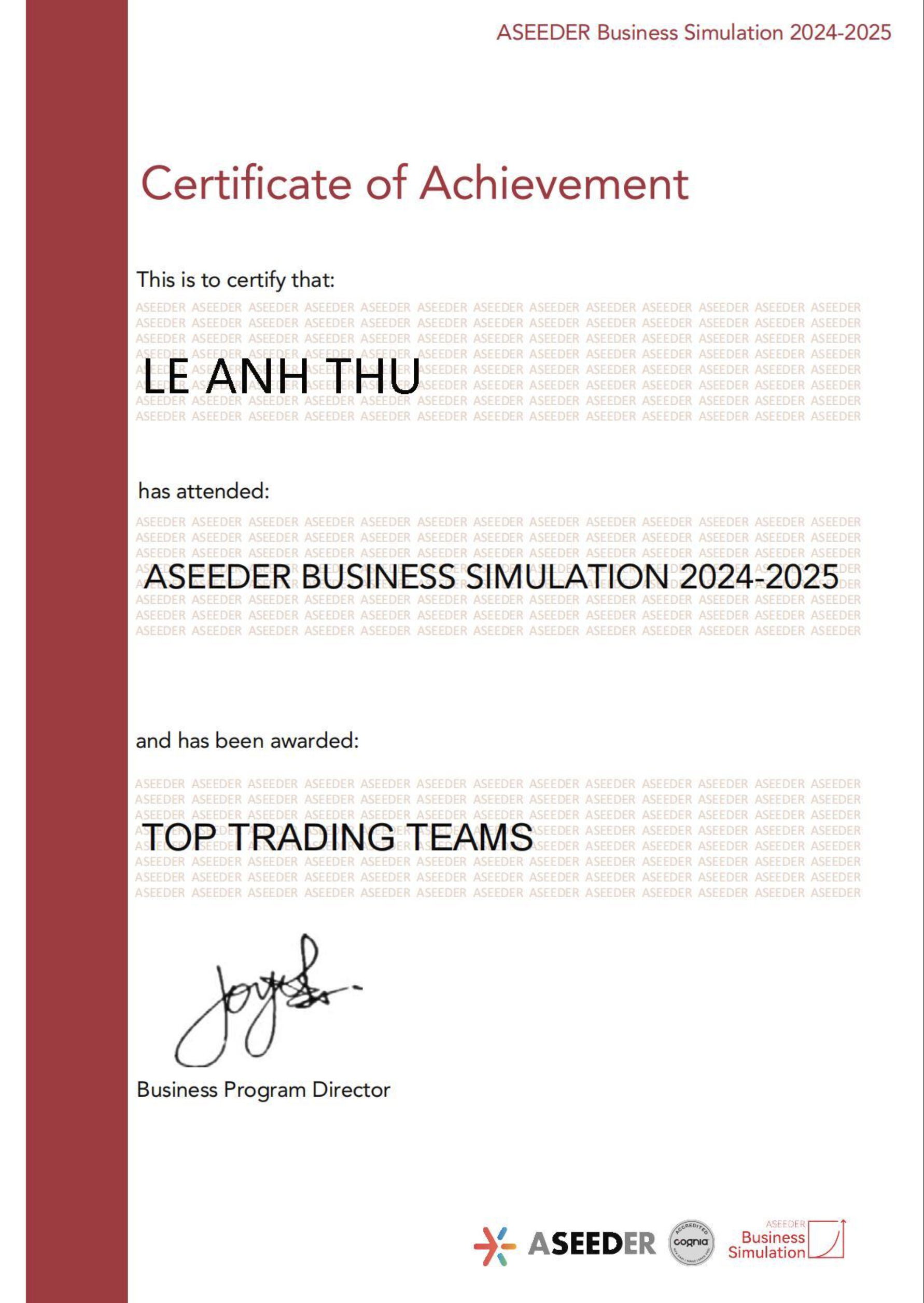 ASEEDER Business Simulation certificate 2