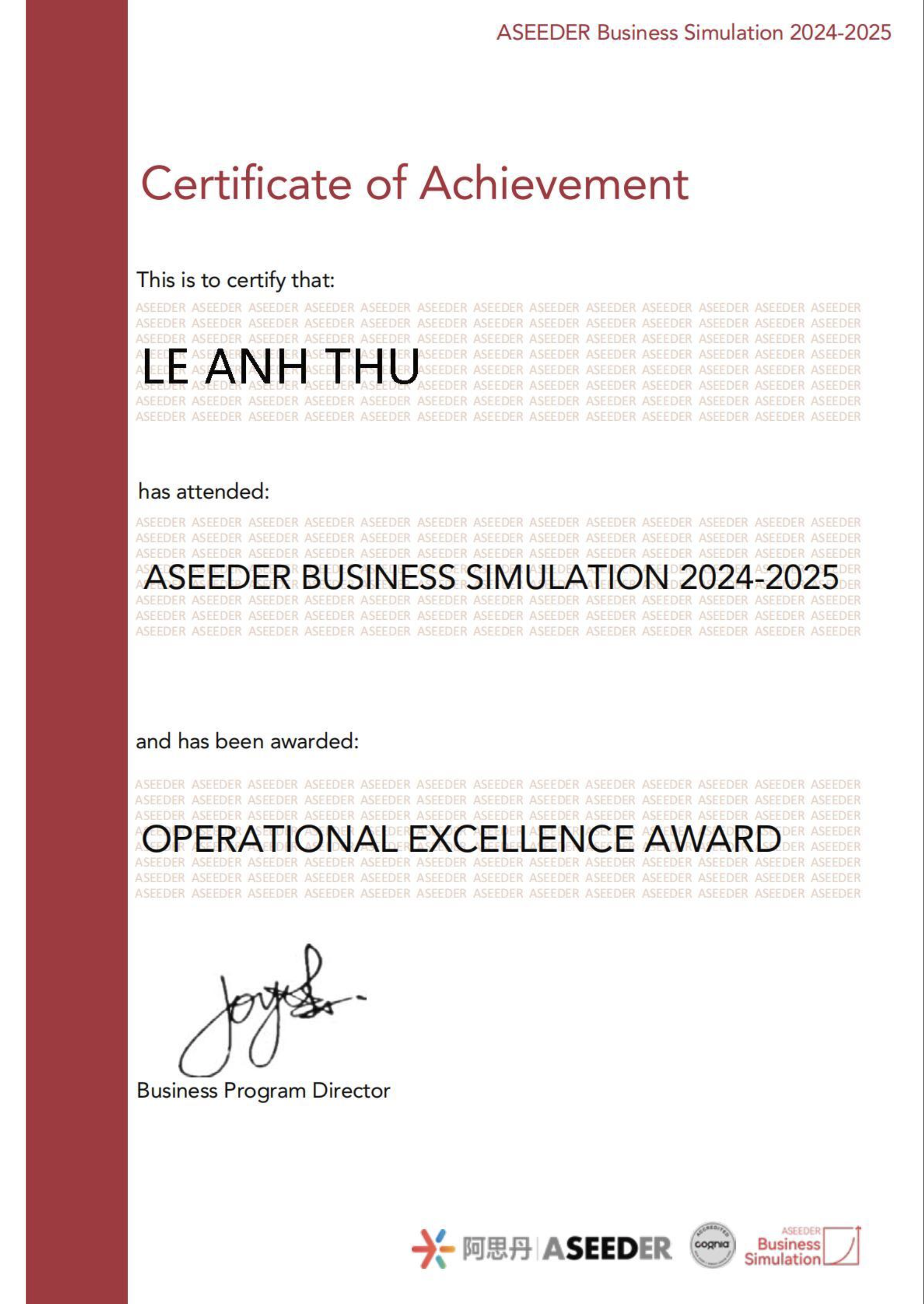 ASEEDER Business Simulation certificate 3