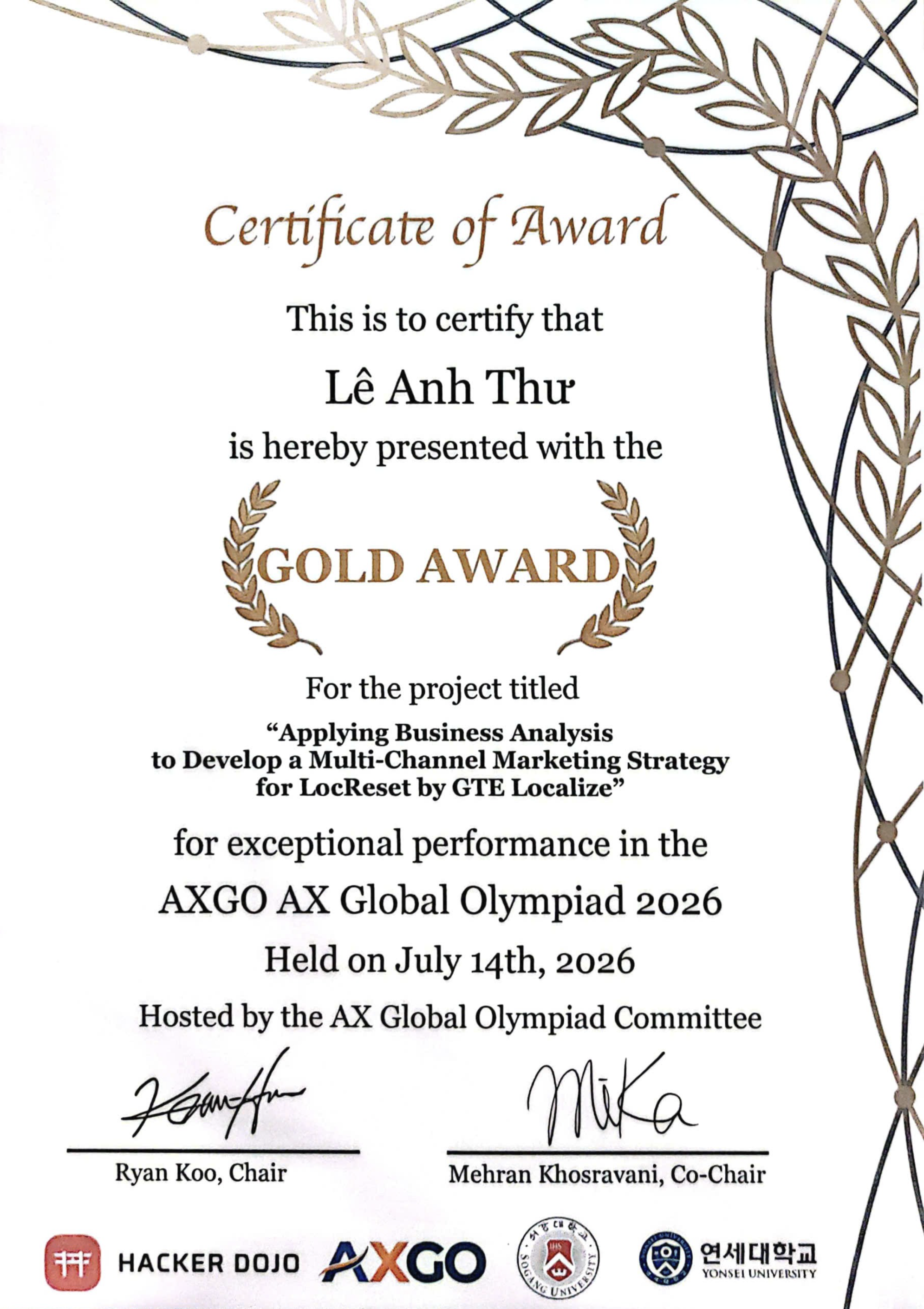 AX Global Olympiad 2026 gold award certificate